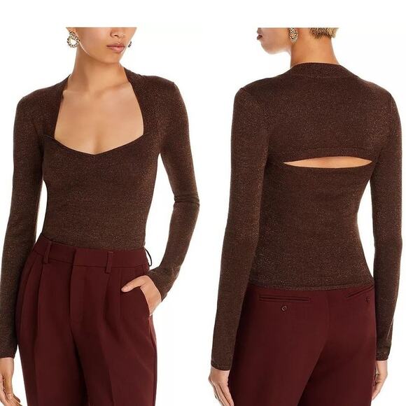 PAIGE Sweaters - Paige Genieve Cutout Glitter Sweater Small Brown Gold Sparkle Wool Glam Metallic